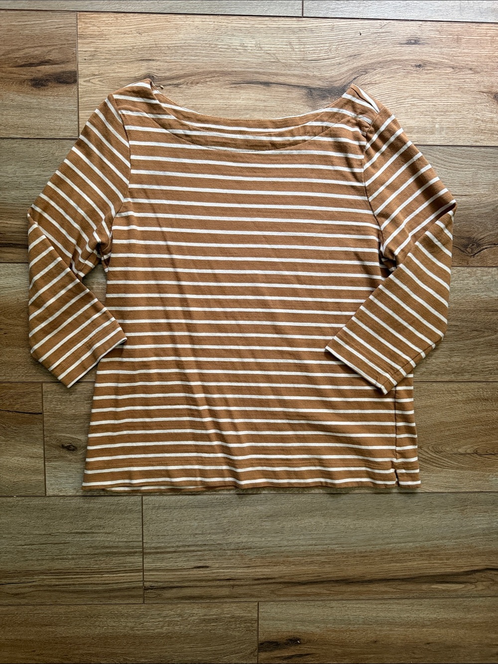 LOFT Striped Boatneck Long Sleeve Top in Camel and White